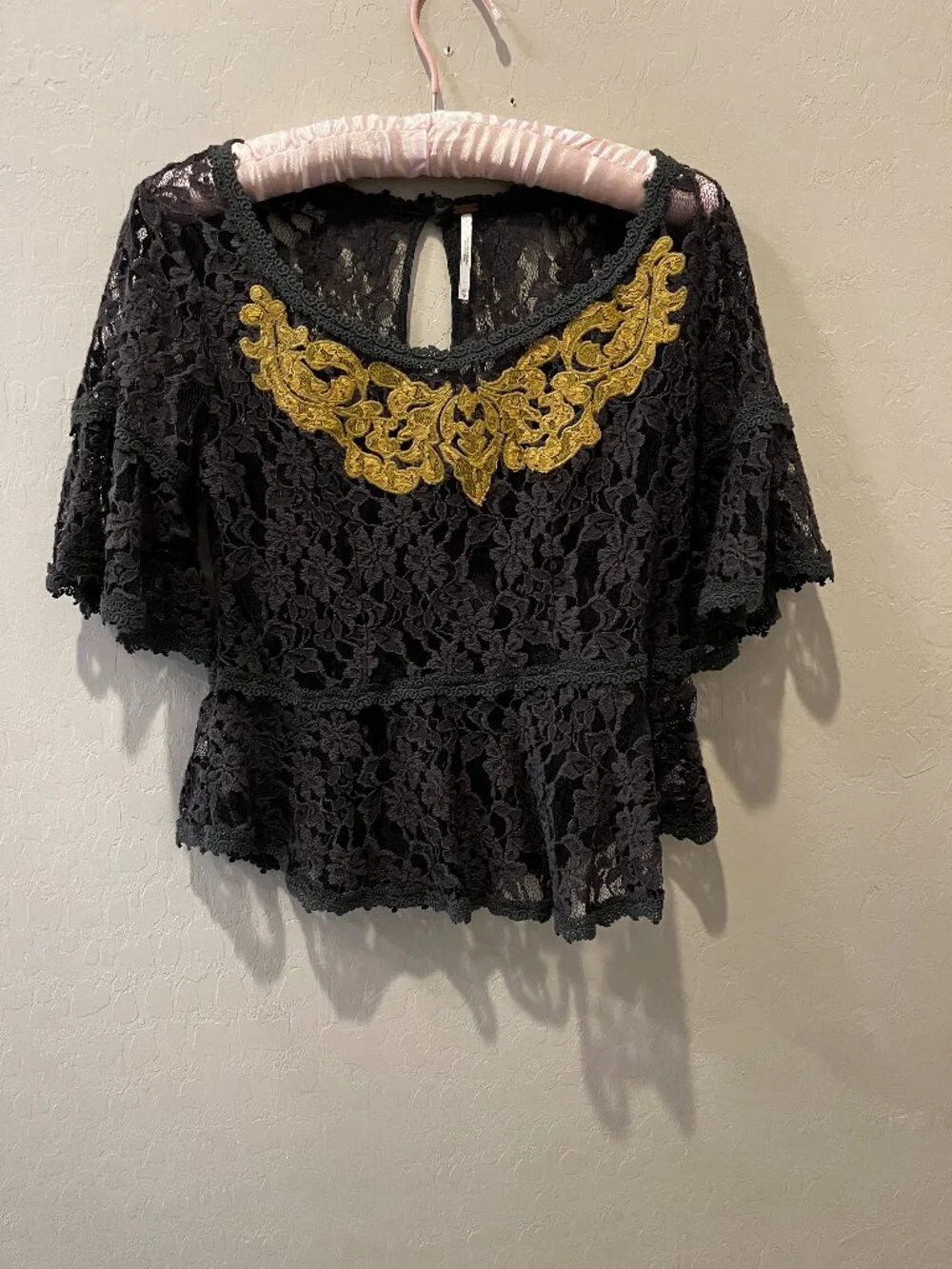Free People Charcoal Gray Lace Peplum Short-Sleeve Top Size XS